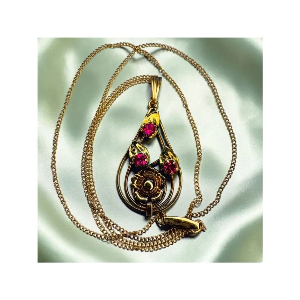 ANTIQUE -10K Gold -Art Nouveau -Ruby Necklace -17